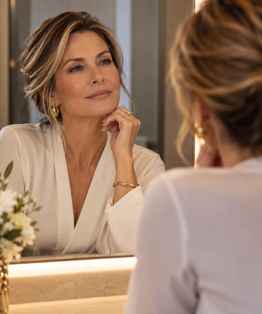 mulher refletindo diante do espelho sobre harmonização facial e identidade