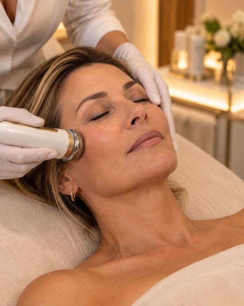 mesoterapia facial sem agulha por eletroporação com peptídeos e GHK-Cu em clínica de estética de alto padrão em Florianópolis