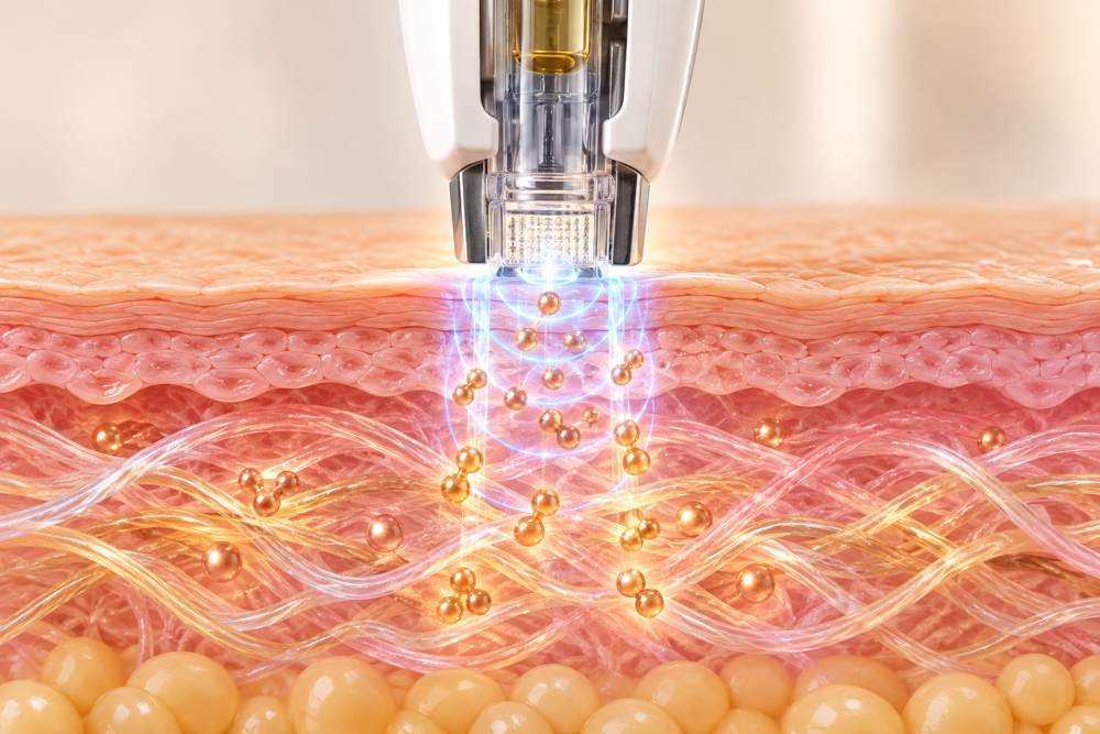 peptídeos e GHK-Cu atravessando a pele por eletroporação até as fibras de colágeno, rejuvenescimento facial sem agulha