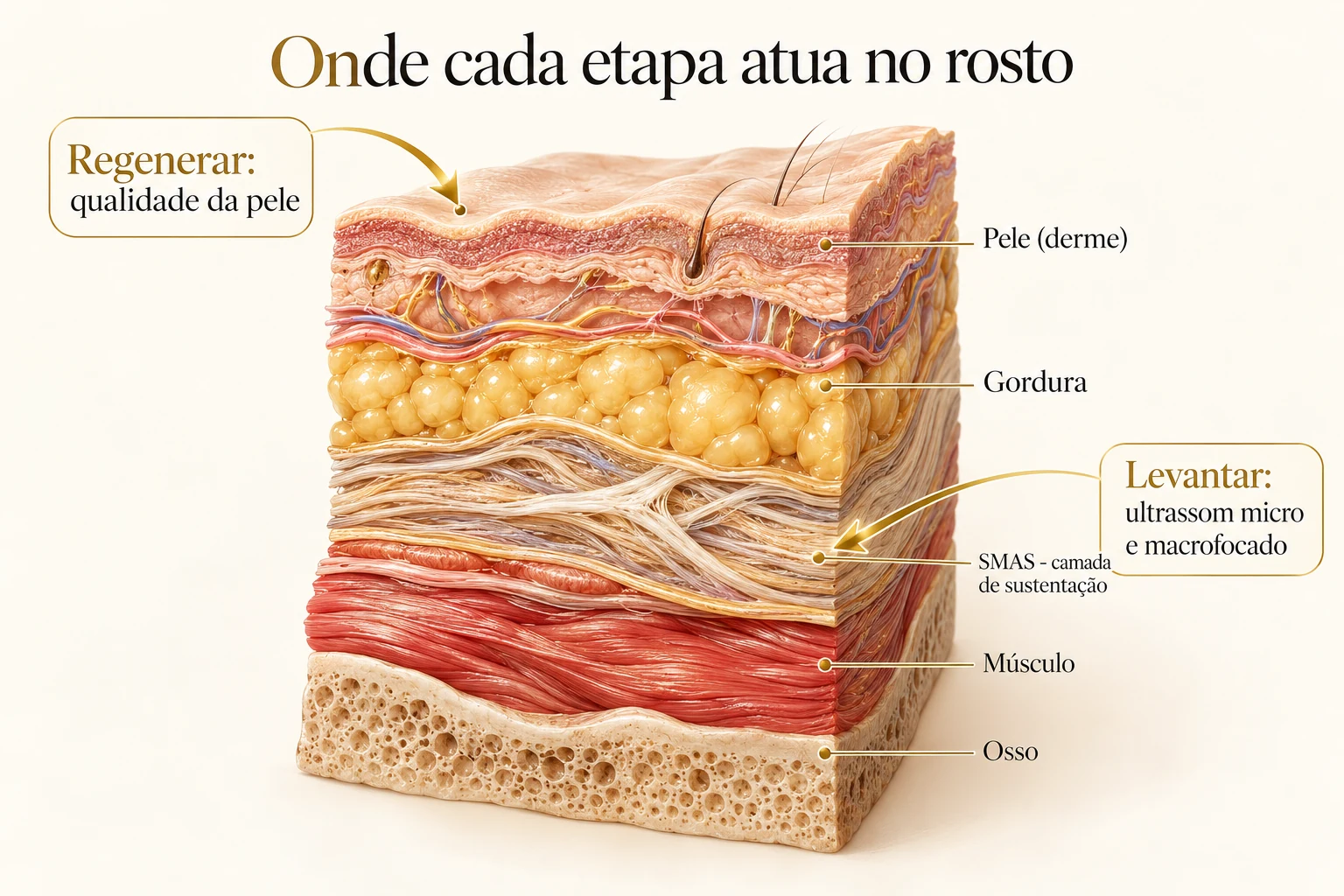 Esquema das camadas do rosto: pele, gordura e SMAS, com as etapas regenerar e levantar no lifting sem cirurgia