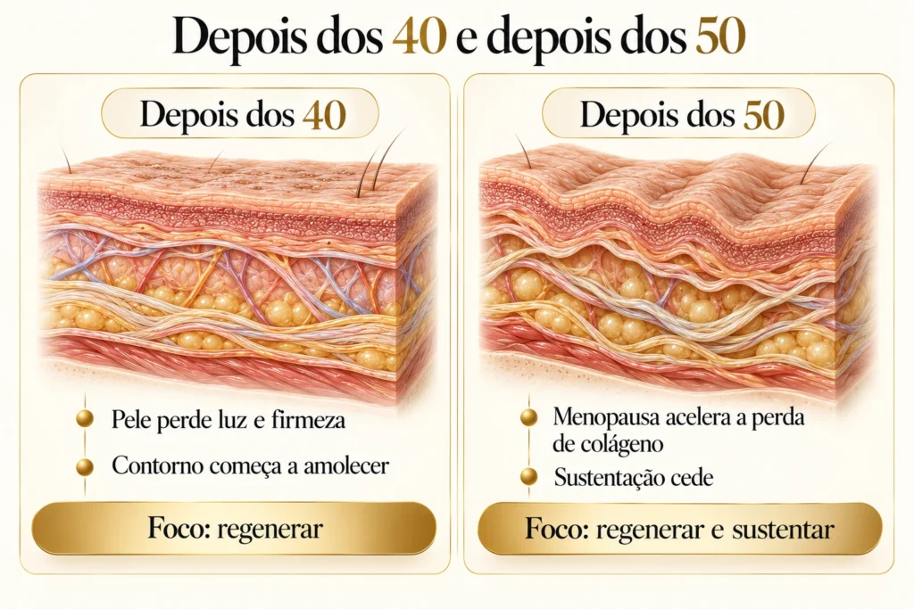 Ilustração do que muda no rosto com a flacidez depois dos 40 e dos 50 anos