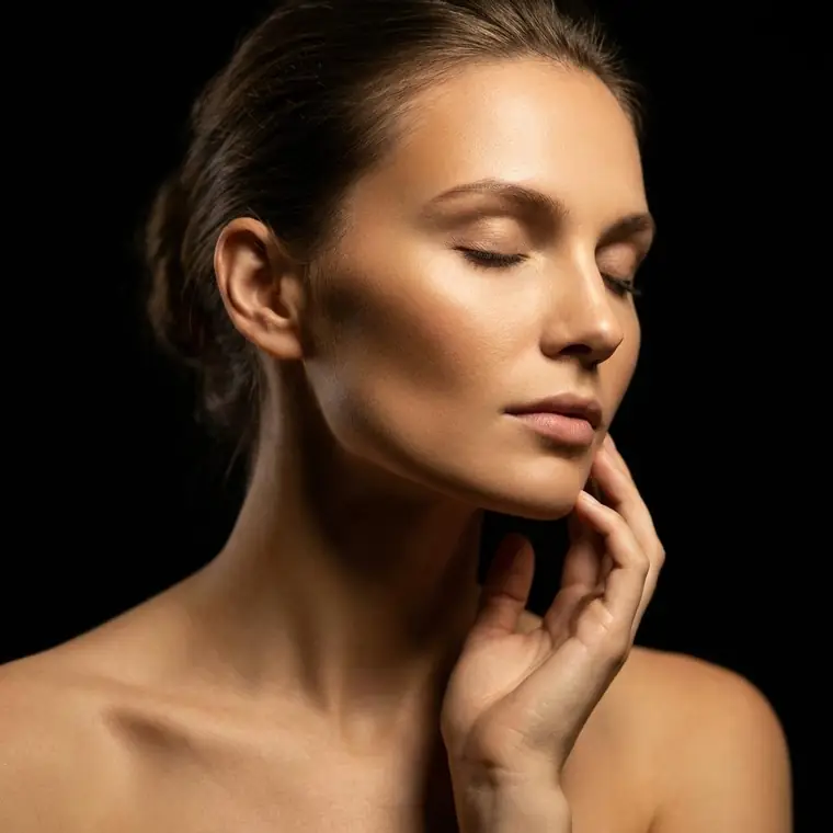 Mulher de perfil com os olhos fechados e a mão no queixo, mostrando a pele luminosa e uniforme do rosto e do pescoço
