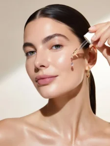 Mulher com pele de vidro, lisa e luminosa, aplicando serum no rosto apos peeling coreano