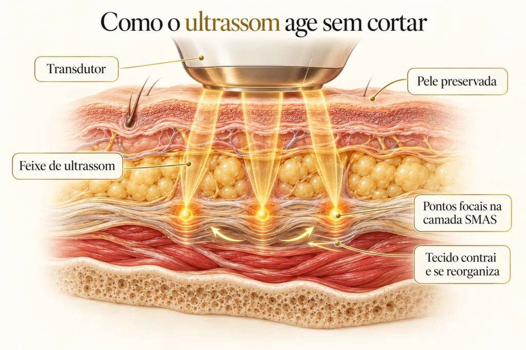 Como o ultrassom micro e macrofocado age nas camadas do rosto sem cortar